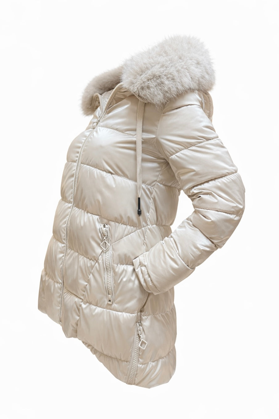 Long down jacket with faux fur hood