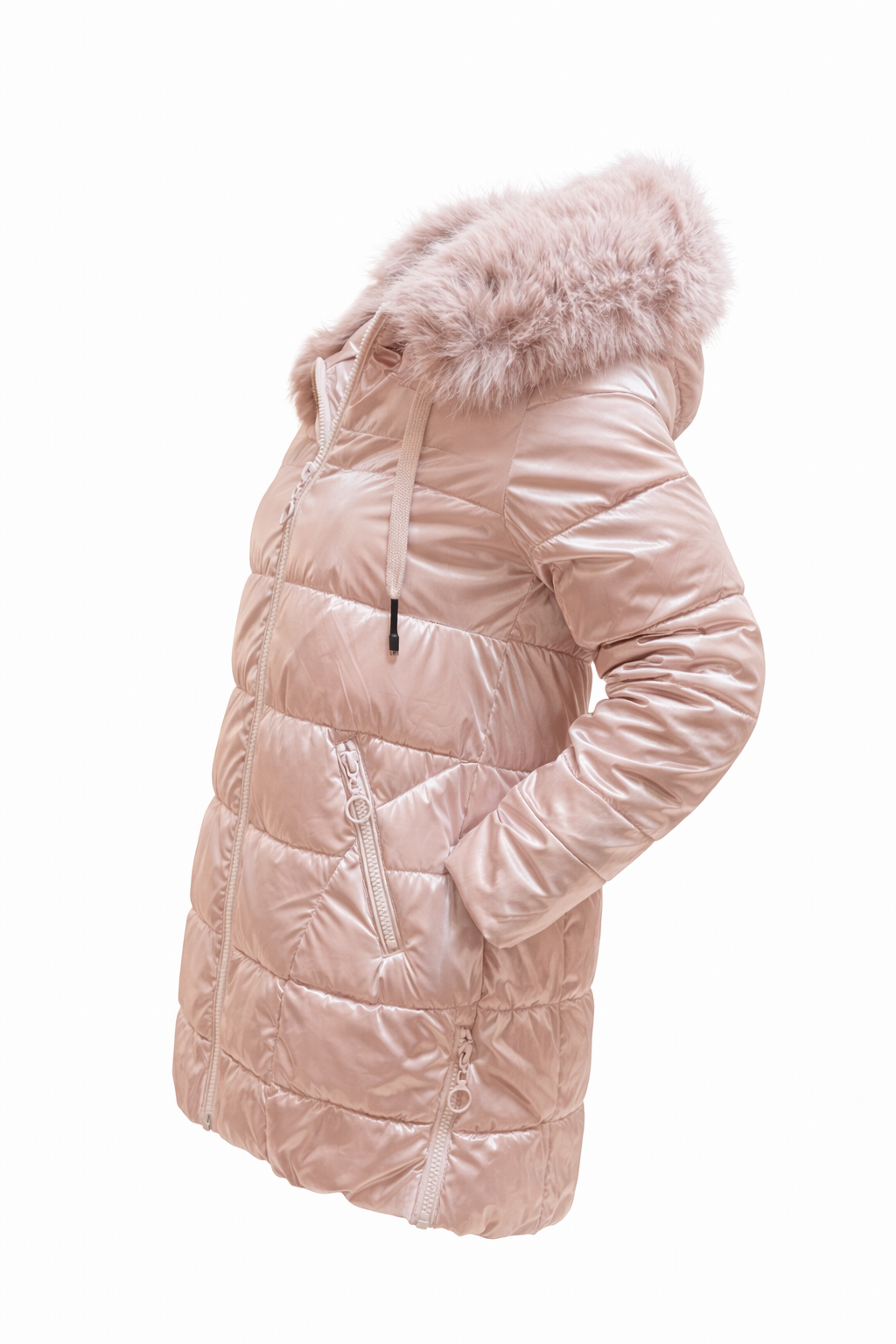 Long down jacket with faux fur hood