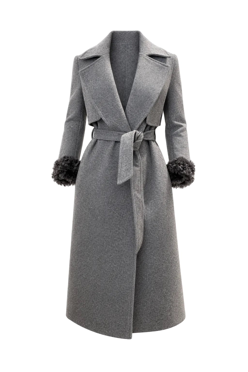 Cappotto lungo grigio con cintura e bolerino