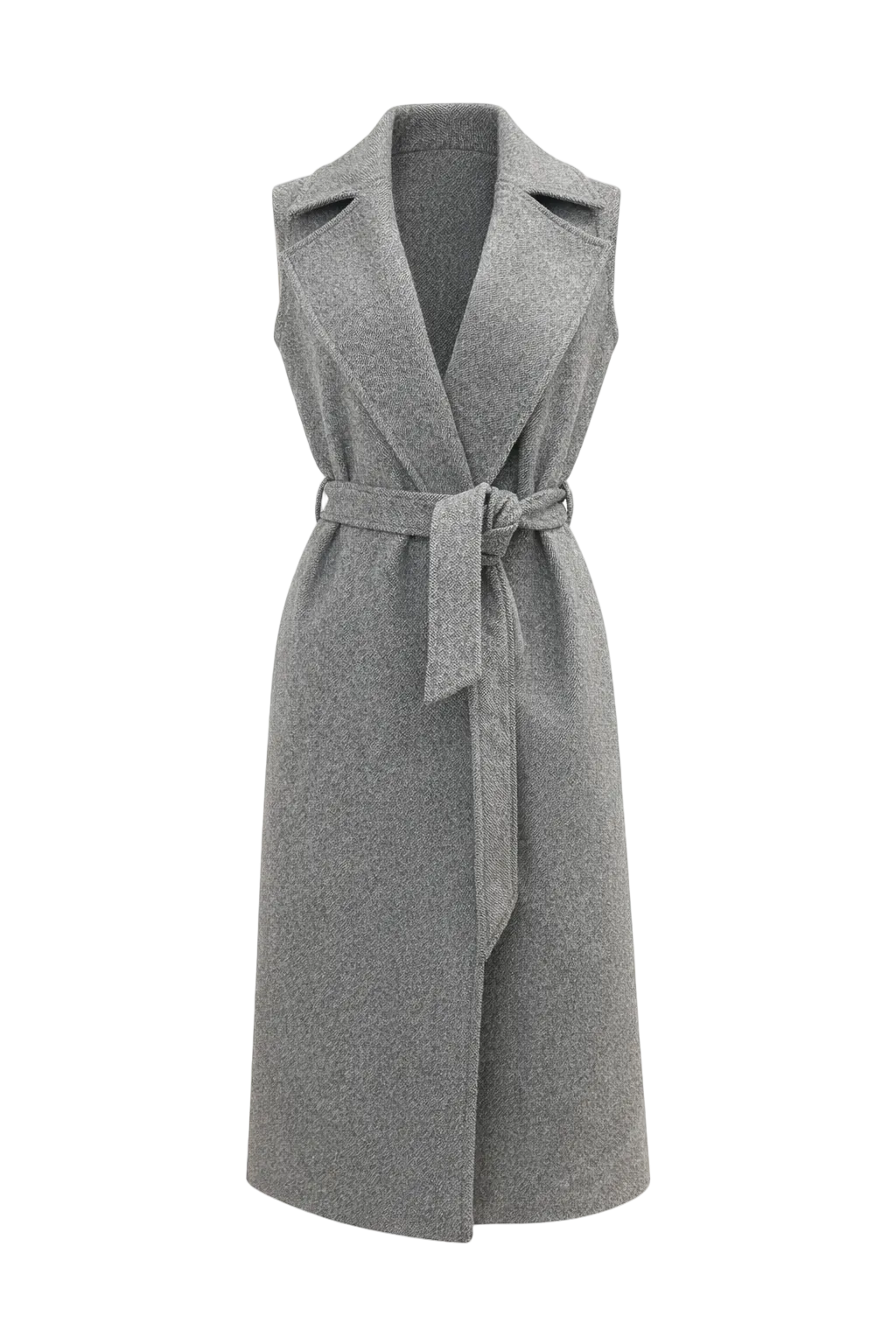 Cappotto lungo grigio con cintura e bolerino