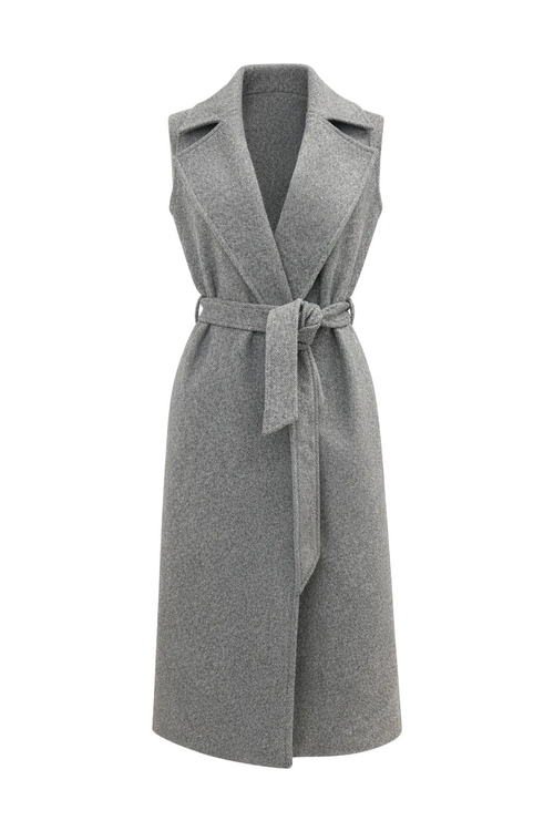 Cappotto lungo grigio con cintura e bolerino