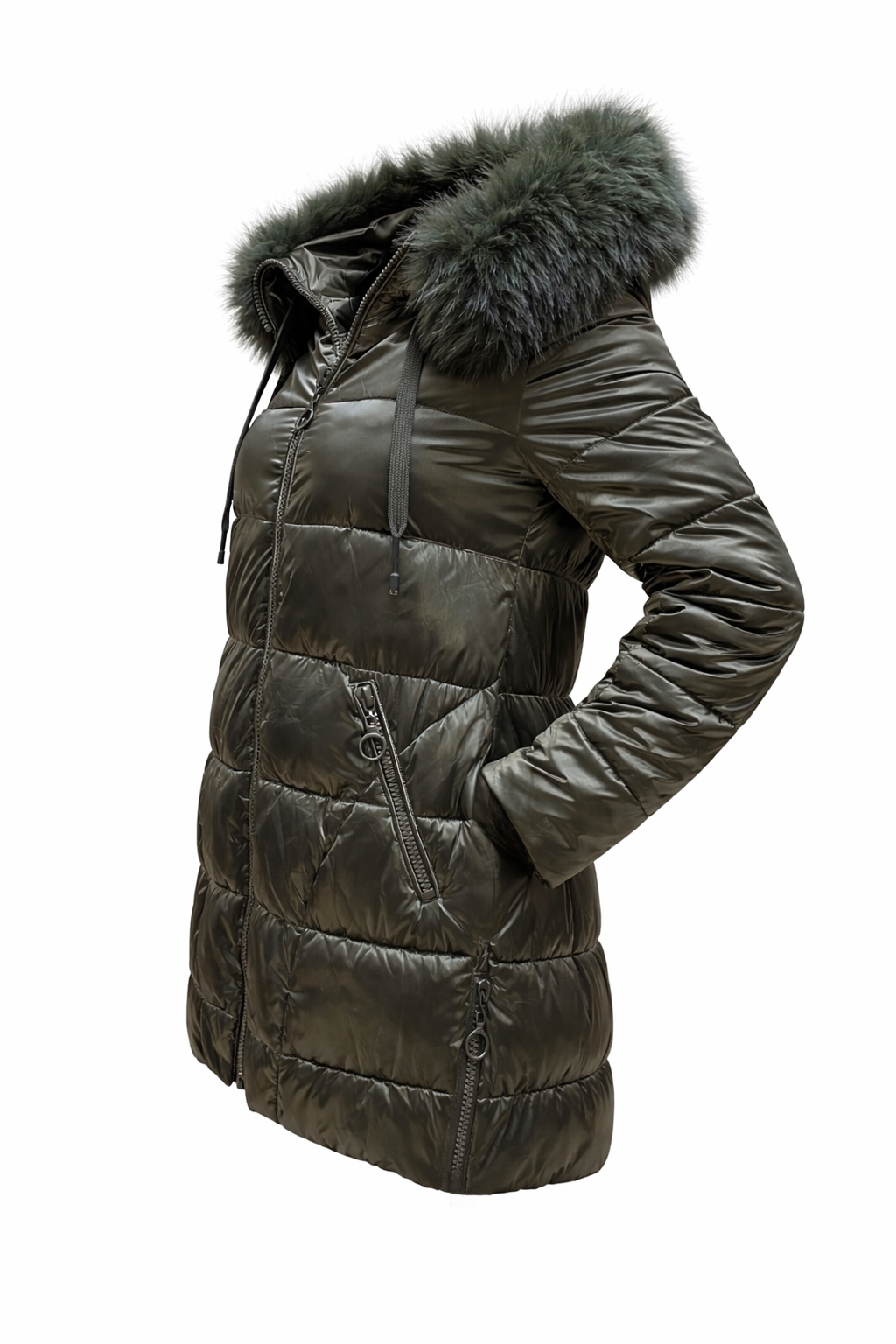 Long down jacket with faux fur hood