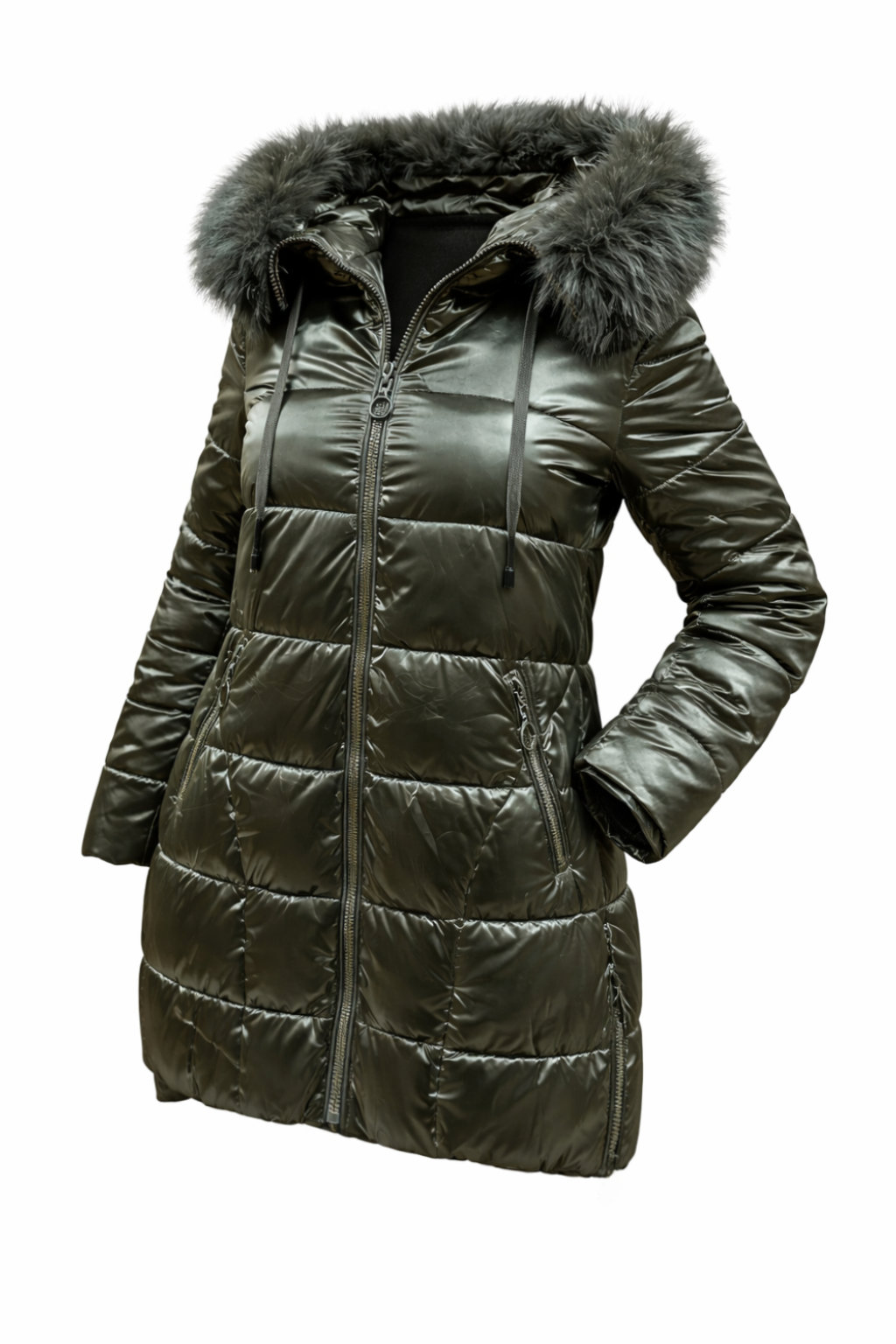 Long down jacket with faux fur hood
