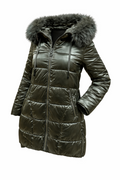 Long down jacket with faux fur hood