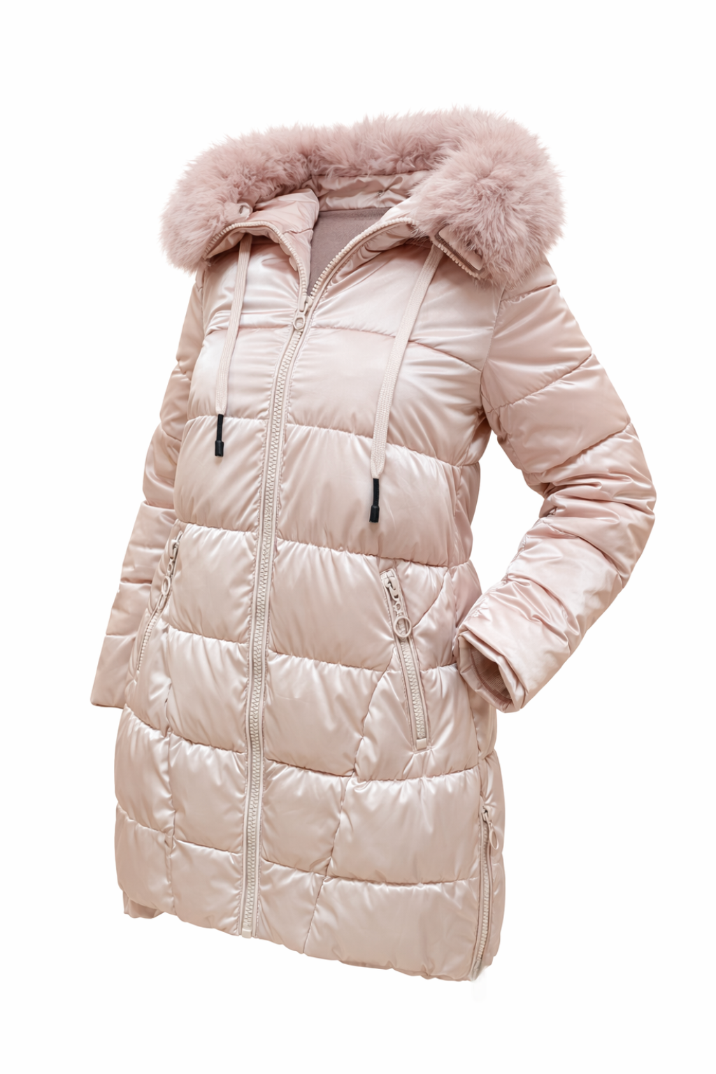 Long down jacket with faux fur hood