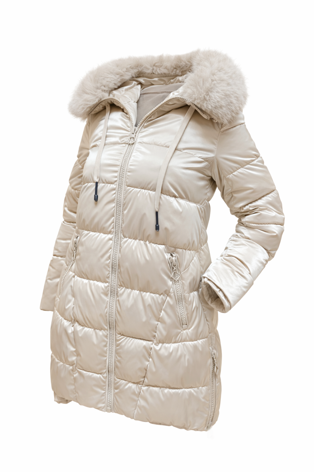 Long down jacket with faux fur hood