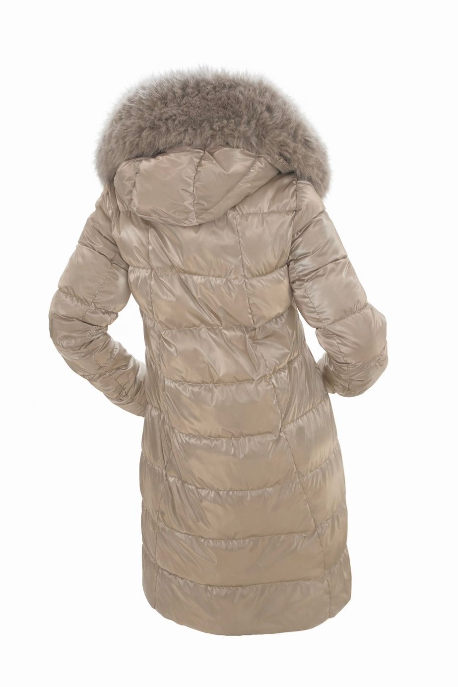 Long down jacket with faux fur hood